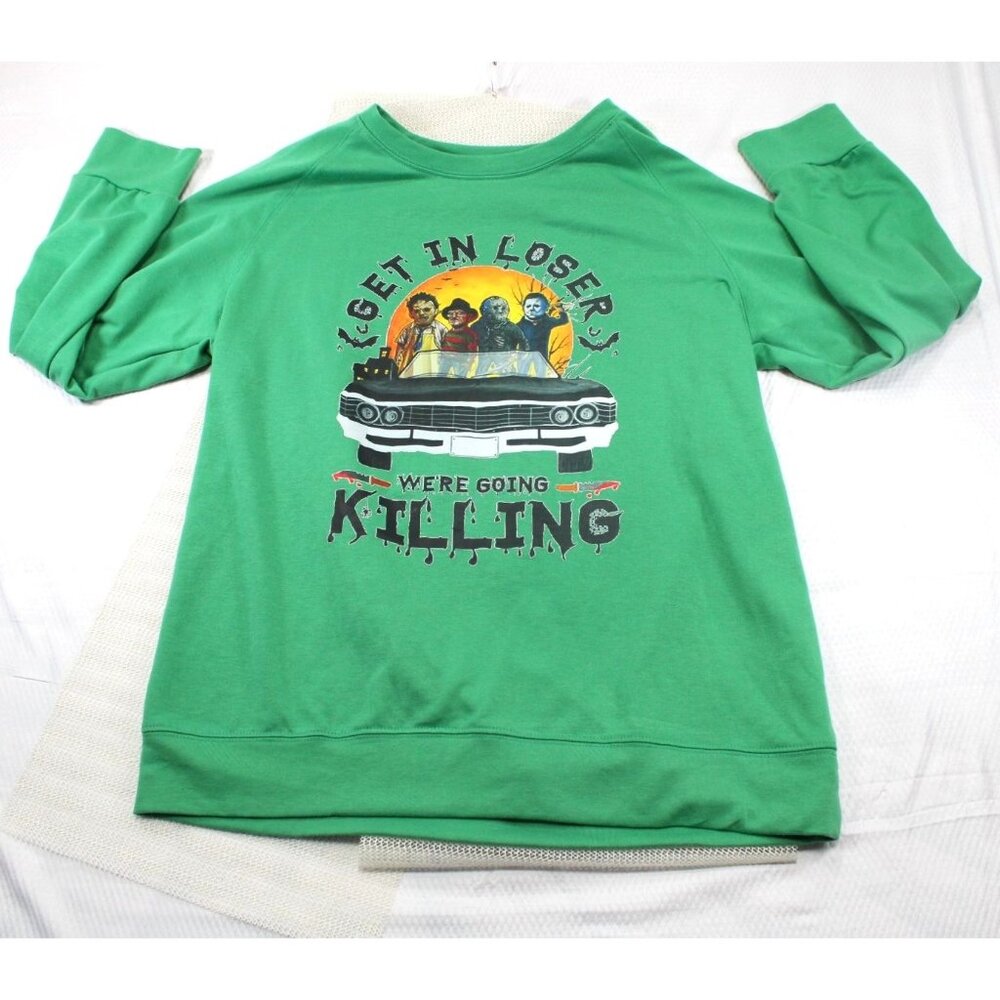 Horror Halloween Themed Freddy Jason "Get In Loser" Green Long Sleeve Sweatshirt